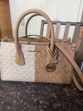 Michael Kors Two-Tone MK Logo Satchel in White and Tan